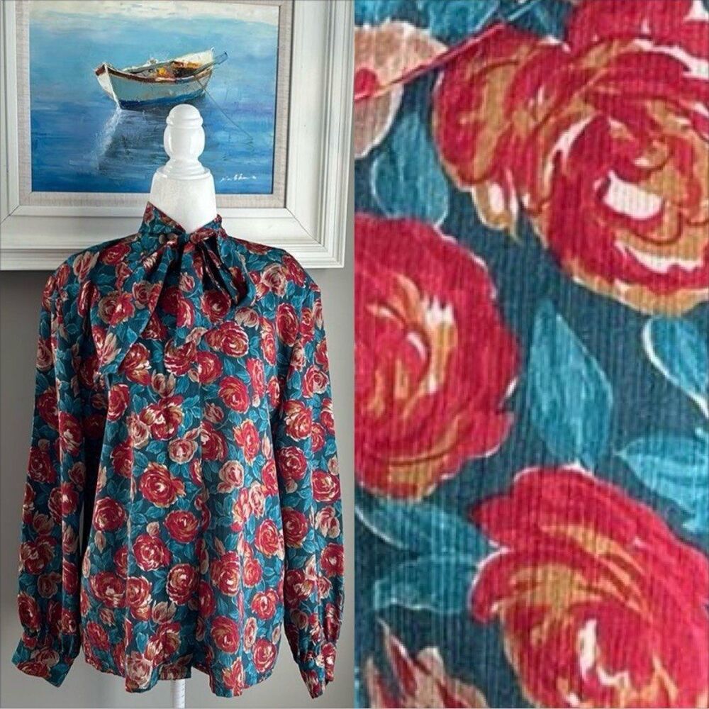 Vintage Pendleton Country Sophisticates Satin Blue Floral Longsleeve Blouse 12